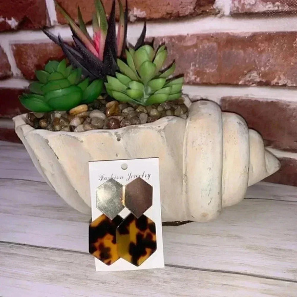 Acrylic resin tortoise brown gold hexagon earrings - Picture 2 of 5